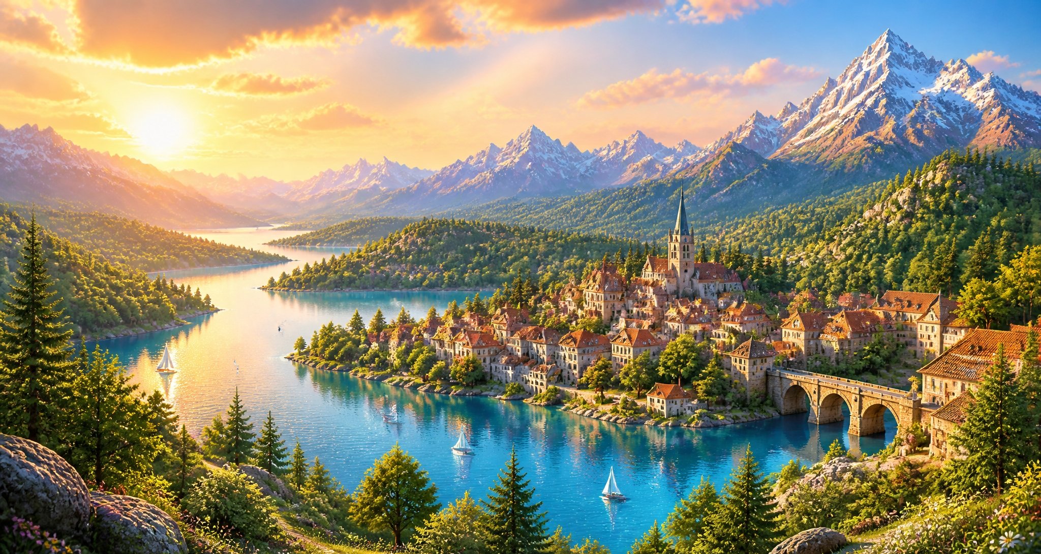 Village au bord d'un lac de montagne